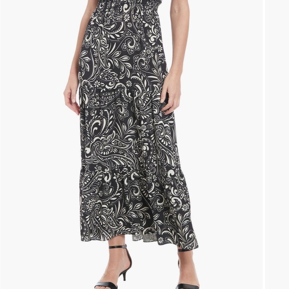 NWT Dress HAWAIIAN PAISLEY Crepe Split Ruffle Neck Maxi Dress Black Sleeveless - Picture 3 of 15